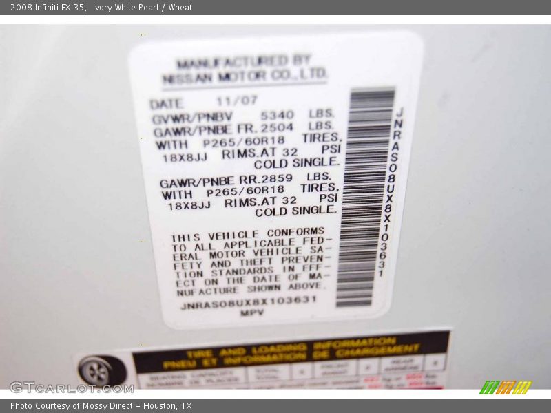 Ivory White Pearl / Wheat 2008 Infiniti FX 35