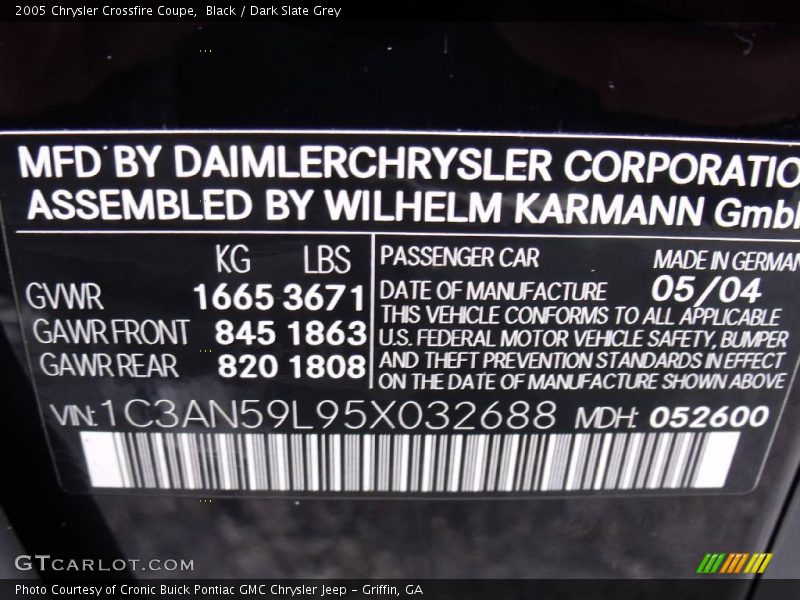 Info Tag of 2005 Crossfire Coupe