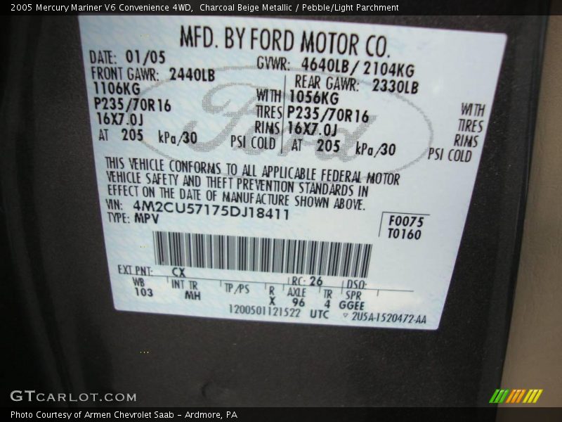 Charcoal Beige Metallic / Pebble/Light Parchment 2005 Mercury Mariner V6 Convenience 4WD