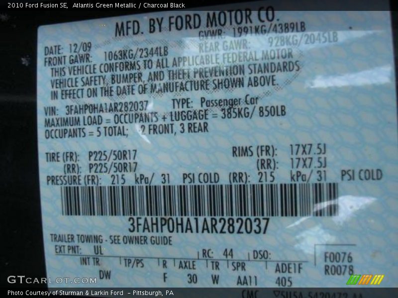 Atlantis Green Metallic / Charcoal Black 2010 Ford Fusion SE