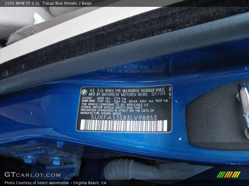 Topaz Blue Metallic / Beige 2003 BMW X5 3.0i