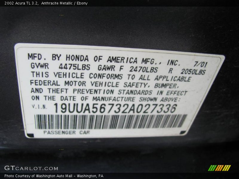 Anthracite Metallic / Ebony 2002 Acura TL 3.2