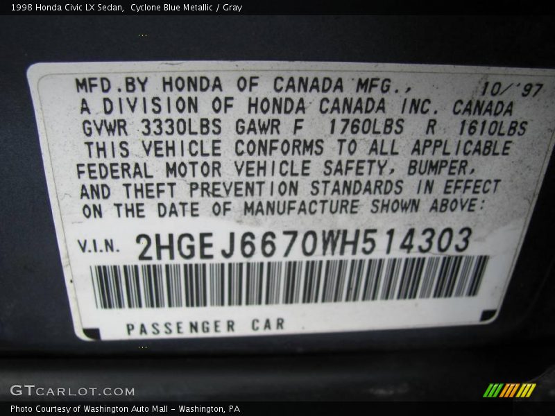 Cyclone Blue Metallic / Gray 1998 Honda Civic LX Sedan