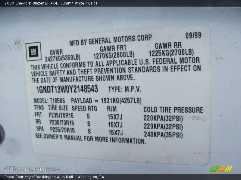 Summit White / Beige 2000 Chevrolet Blazer LT 4x4