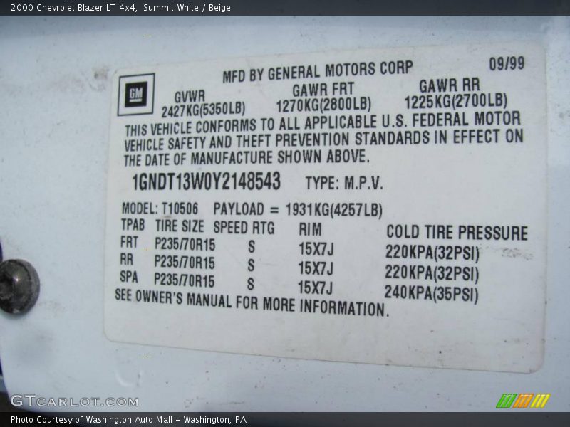 Summit White / Beige 2000 Chevrolet Blazer LT 4x4
