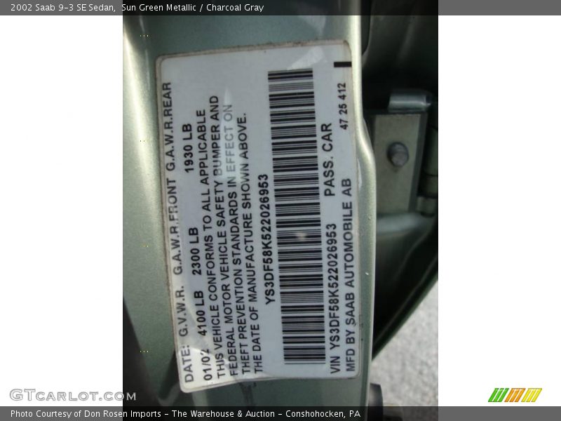 Sun Green Metallic / Charcoal Gray 2002 Saab 9-3 SE Sedan