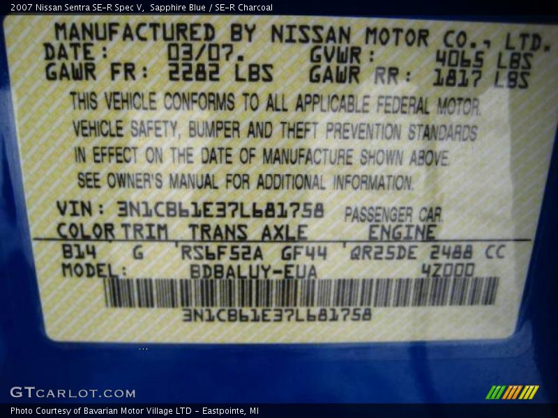Sapphire Blue / SE-R Charcoal 2007 Nissan Sentra SE-R Spec V