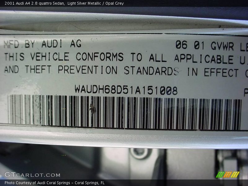 Light Silver Metallic / Opal Grey 2001 Audi A4 2.8 quattro Sedan
