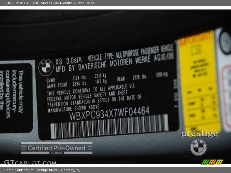 Silver Grey Metallic / Sand Beige 2007 BMW X3 3.0si
