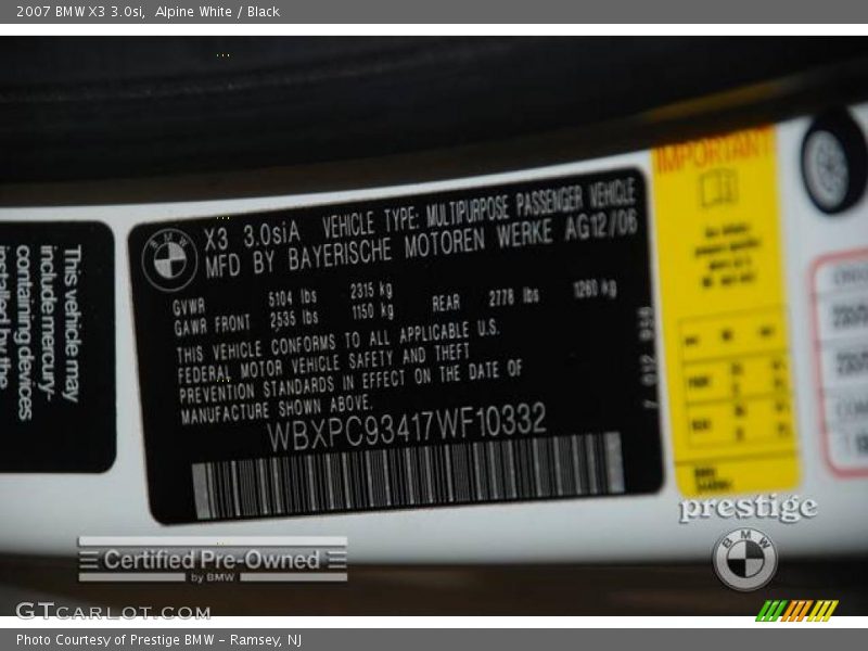 Alpine White / Black 2007 BMW X3 3.0si
