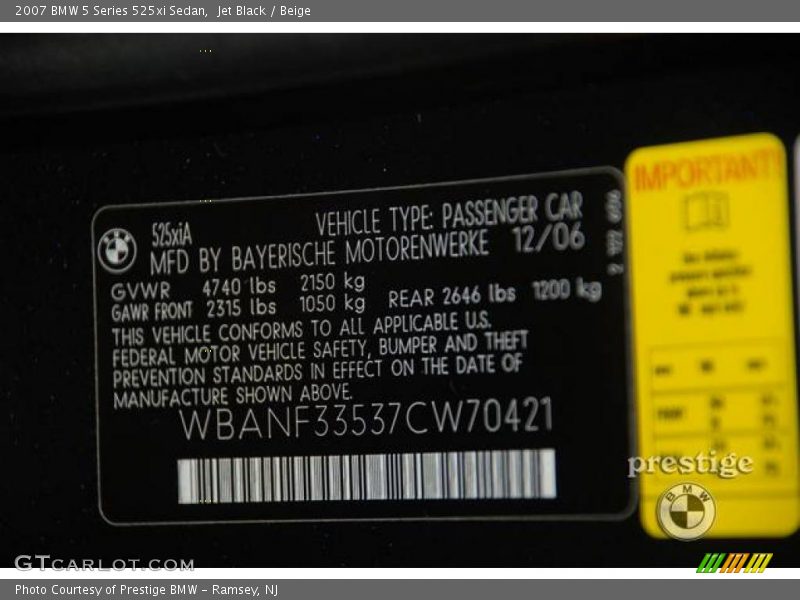 Jet Black / Beige 2007 BMW 5 Series 525xi Sedan