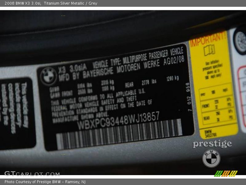 Titanium Silver Metallic / Grey 2008 BMW X3 3.0si