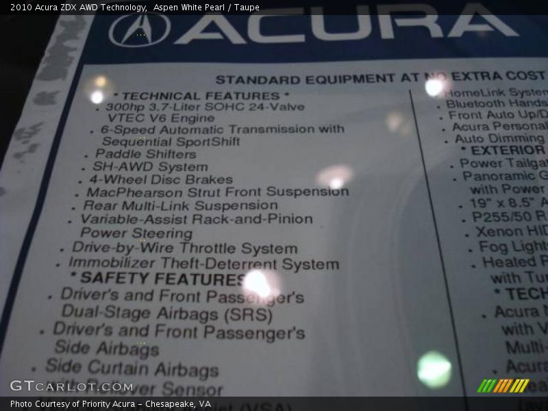 Aspen White Pearl / Taupe 2010 Acura ZDX AWD Technology