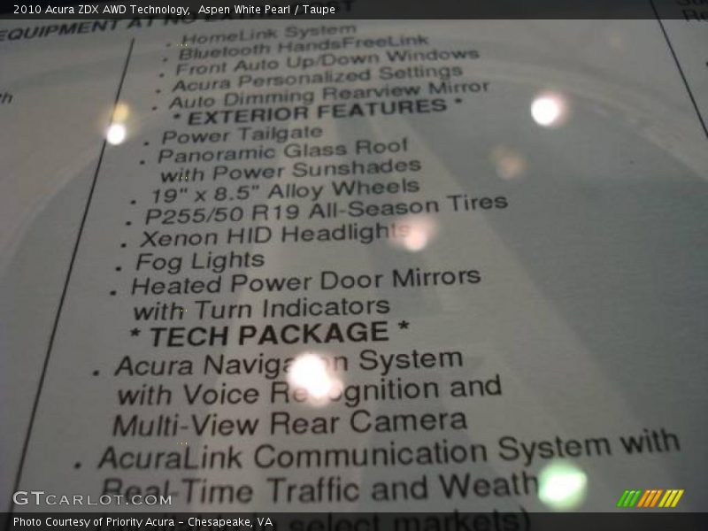 Aspen White Pearl / Taupe 2010 Acura ZDX AWD Technology