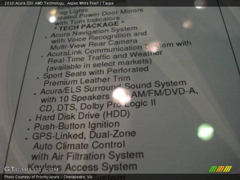 Aspen White Pearl / Taupe 2010 Acura ZDX AWD Technology
