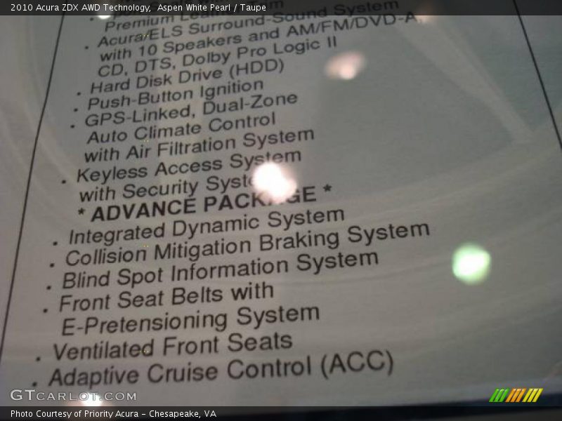 Aspen White Pearl / Taupe 2010 Acura ZDX AWD Technology