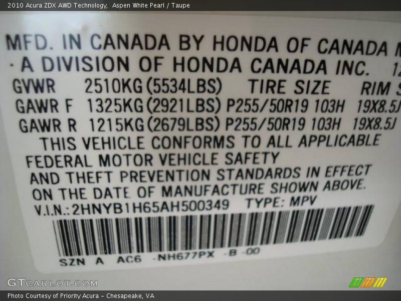 Aspen White Pearl / Taupe 2010 Acura ZDX AWD Technology