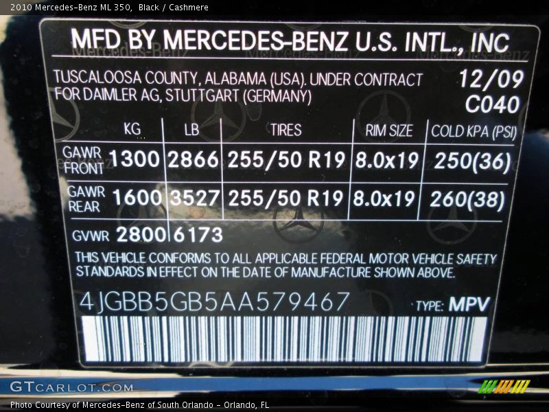Black / Cashmere 2010 Mercedes-Benz ML 350