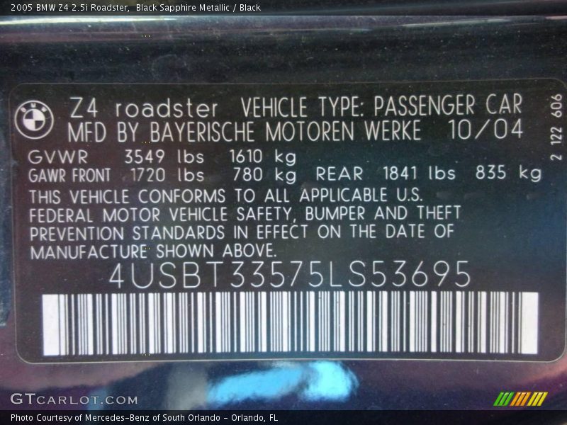 Black Sapphire Metallic / Black 2005 BMW Z4 2.5i Roadster