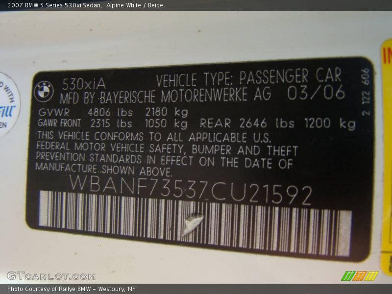 Alpine White / Beige 2007 BMW 5 Series 530xi Sedan