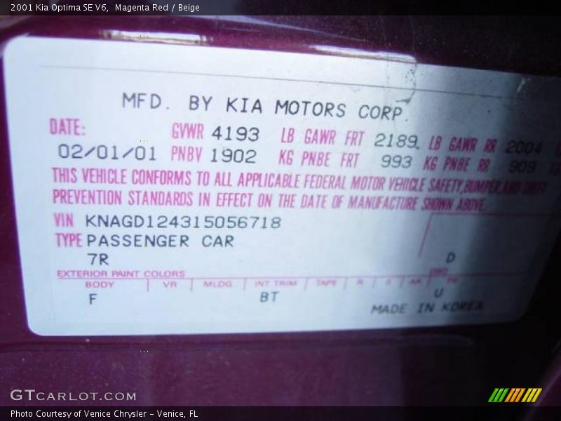 Magenta Red / Beige 2001 Kia Optima SE V6