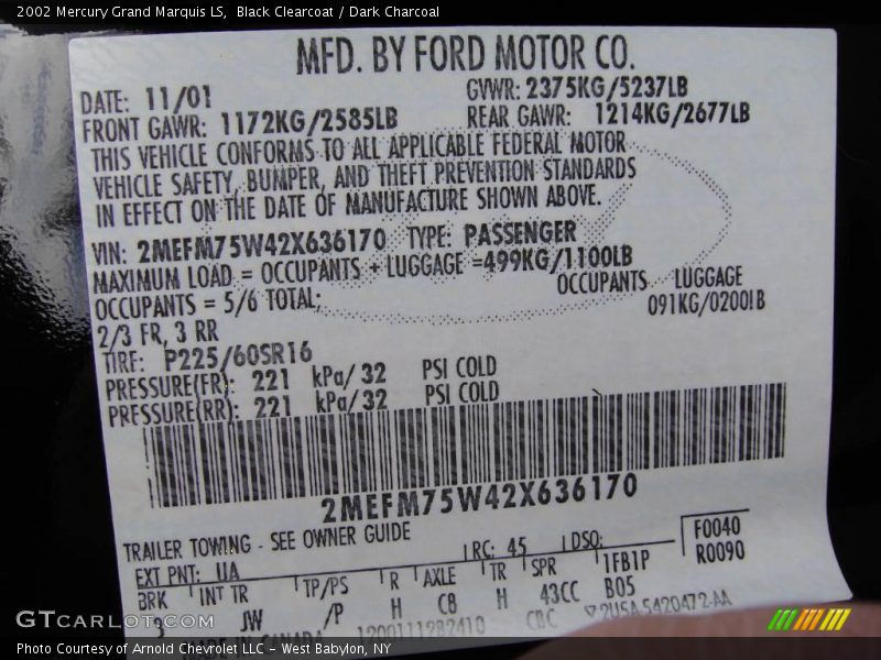 Black Clearcoat / Dark Charcoal 2002 Mercury Grand Marquis LS