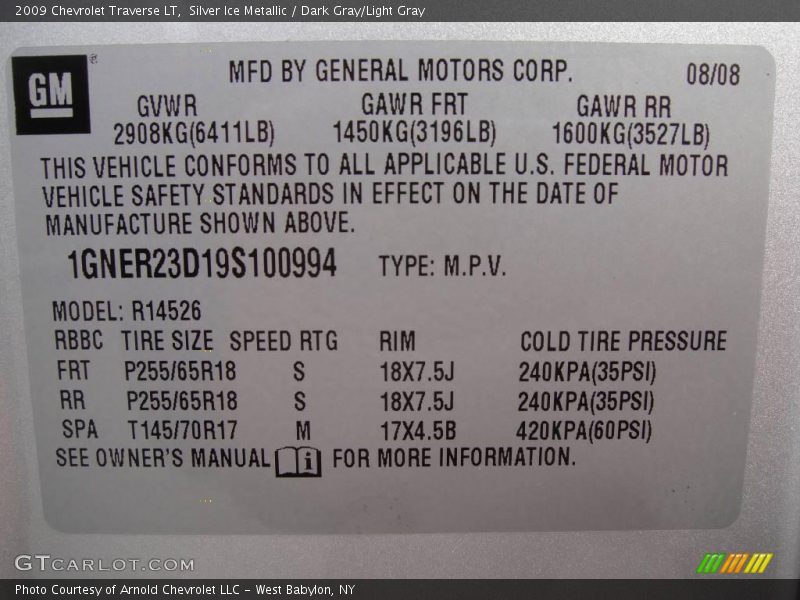 Silver Ice Metallic / Dark Gray/Light Gray 2009 Chevrolet Traverse LT