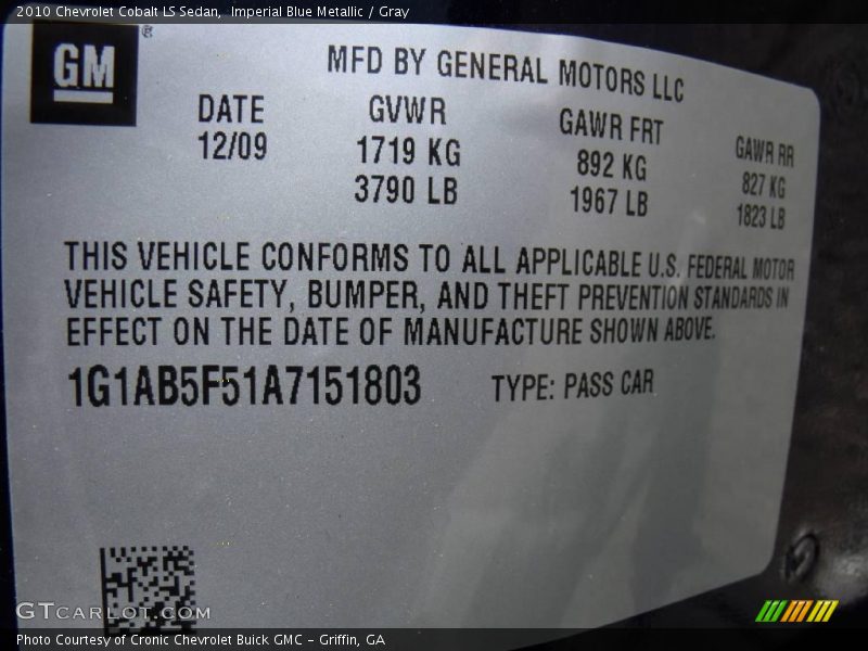 Imperial Blue Metallic / Gray 2010 Chevrolet Cobalt LS Sedan