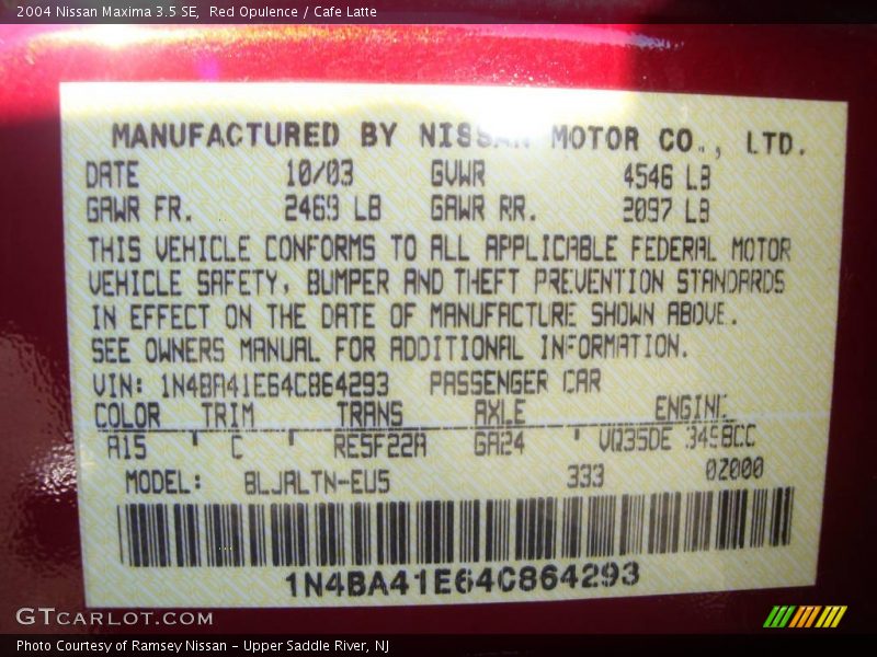 Red Opulence / Cafe Latte 2004 Nissan Maxima 3.5 SE