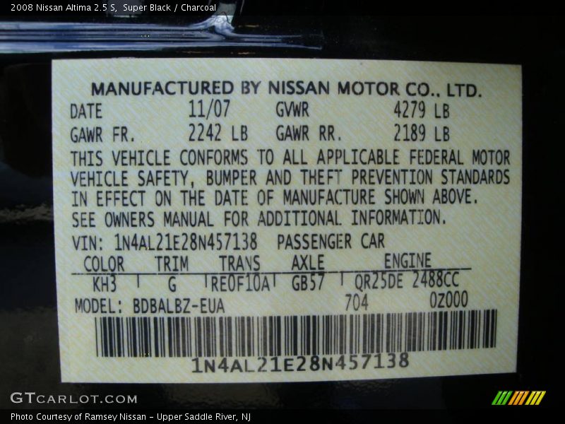 Super Black / Charcoal 2008 Nissan Altima 2.5 S