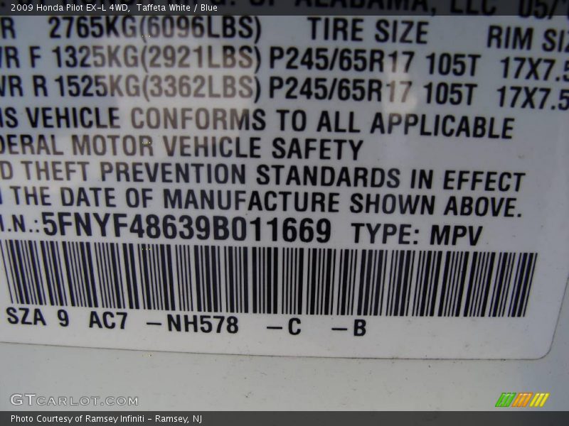 Taffeta White / Blue 2009 Honda Pilot EX-L 4WD