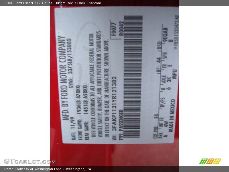 Bright Red / Dark Charcoal 2000 Ford Escort ZX2 Coupe