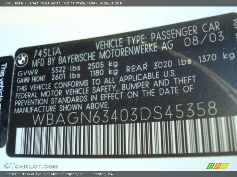 Alpine White / Dark Beige/Beige III 2003 BMW 7 Series 745Li Sedan