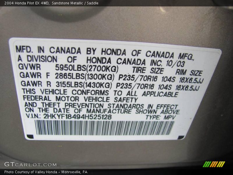 Sandstone Metallic / Saddle 2004 Honda Pilot EX 4WD