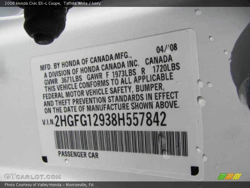 Taffeta White / Ivory 2008 Honda Civic EX-L Coupe