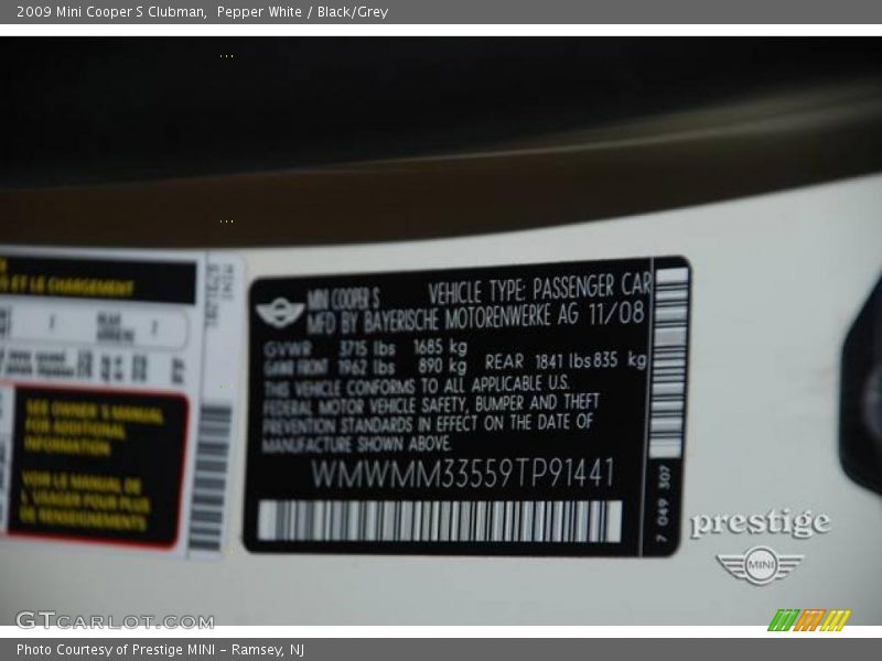 Pepper White / Black/Grey 2009 Mini Cooper S Clubman