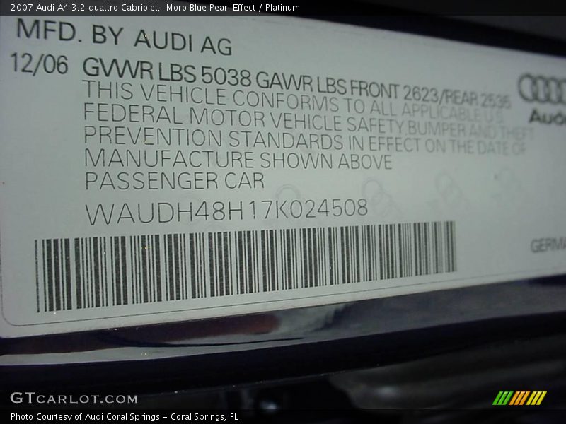 Moro Blue Pearl Effect / Platinum 2007 Audi A4 3.2 quattro Cabriolet