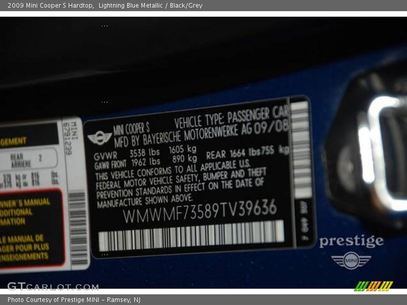 Lightning Blue Metallic / Black/Grey 2009 Mini Cooper S Hardtop