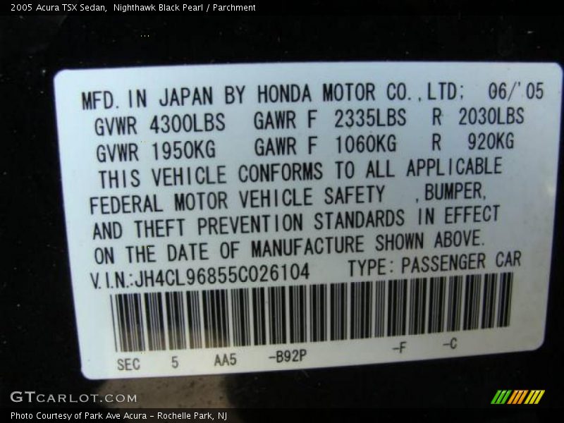 Nighthawk Black Pearl / Parchment 2005 Acura TSX Sedan