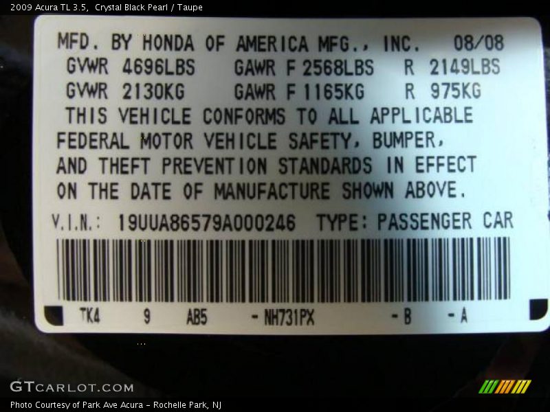 Crystal Black Pearl / Taupe 2009 Acura TL 3.5