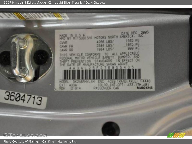 Liquid Silver Metallic / Dark Charcoal 2007 Mitsubishi Eclipse Spyder GS