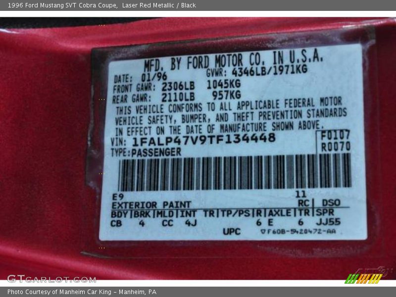 Laser Red Metallic / Black 1996 Ford Mustang SVT Cobra Coupe