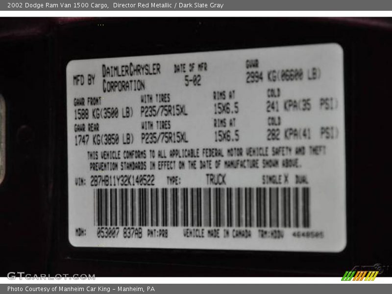 Director Red Metallic / Dark Slate Gray 2002 Dodge Ram Van 1500 Cargo