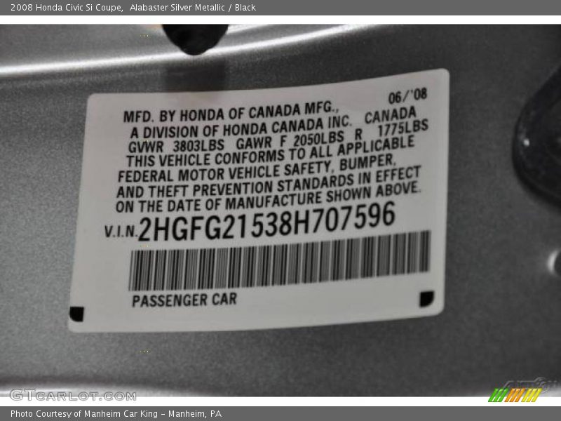 Alabaster Silver Metallic / Black 2008 Honda Civic Si Coupe
