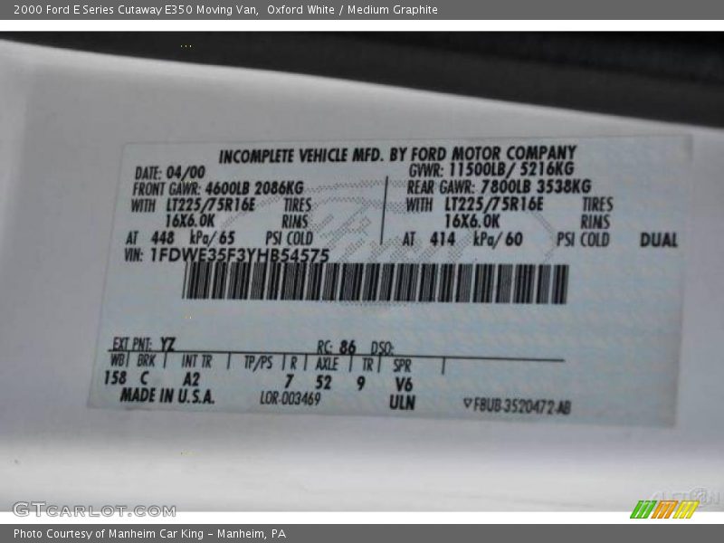 Oxford White / Medium Graphite 2000 Ford E Series Cutaway E350 Moving Van
