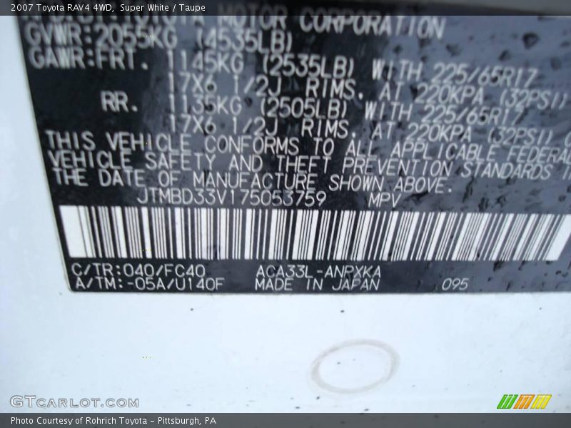 Super White / Taupe 2007 Toyota RAV4 4WD