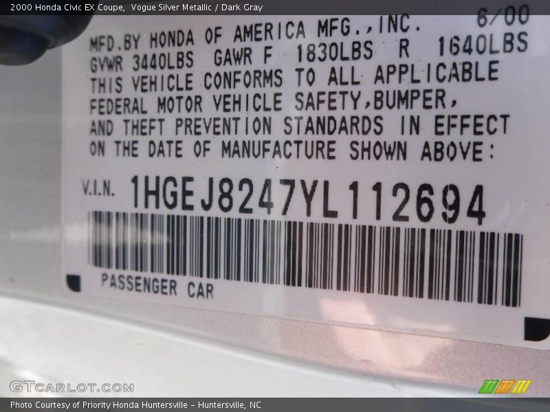 Vogue Silver Metallic / Dark Gray 2000 Honda Civic EX Coupe