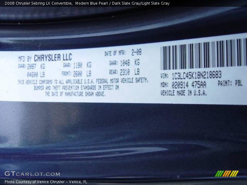 Modern Blue Pearl / Dark Slate Gray/Light Slate Gray 2008 Chrysler Sebring LX Convertible
