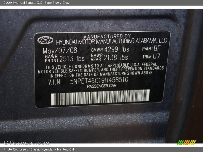 Slate Blue / Gray 2009 Hyundai Sonata GLS