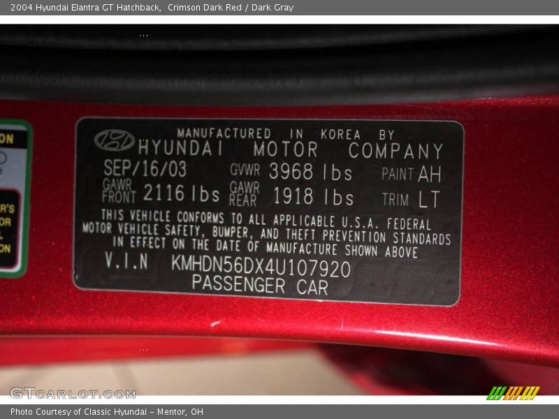 Crimson Dark Red / Dark Gray 2004 Hyundai Elantra GT Hatchback